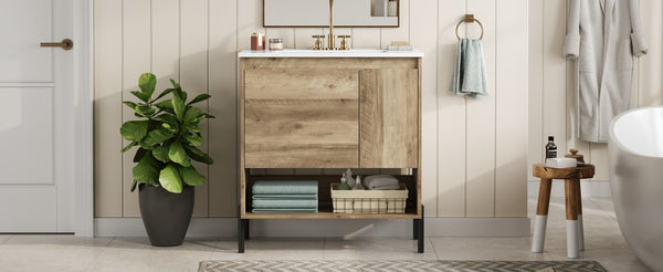 English Elm 30" Modern Wood Bathroom Vanity with Ceramic Sink, Soft-Close Door, Drawer Dividers & Open Shelf N710P247136P
