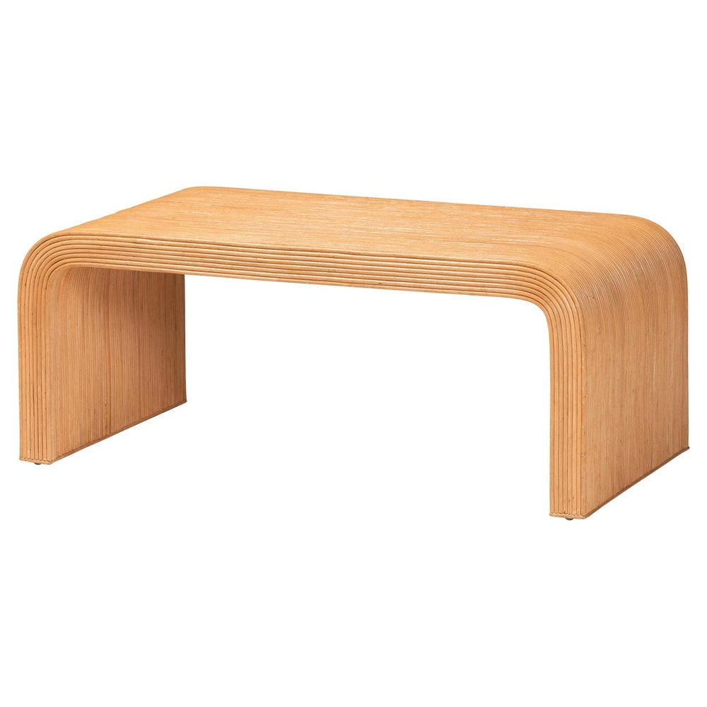 Baxton Studio bali Bali Guevara Bohemian Fluted Rattan Coffee Table - Handcrafted Mahogany, Coastal Charm, Fully Assembled Waterfall-Light Honey-Rattan-CT