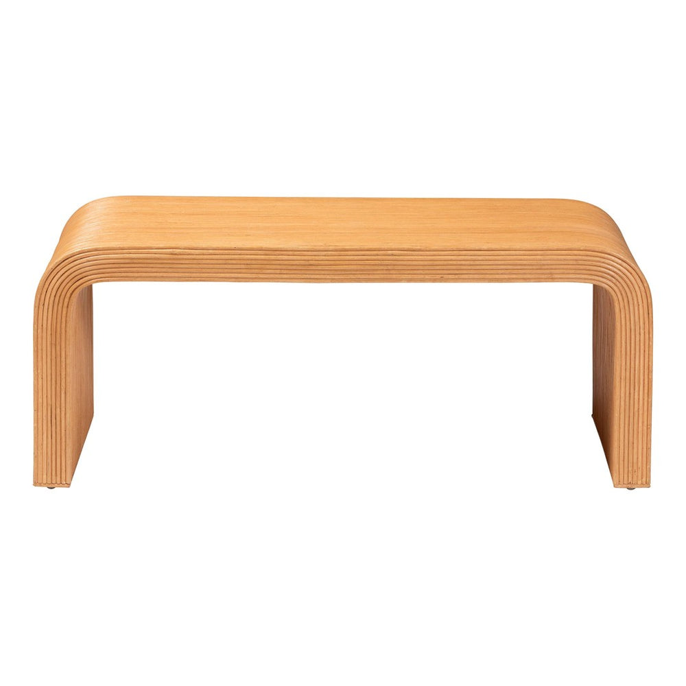 Baxton Studio bali Bali Guevara Bohemian Fluted Rattan Coffee Table - Handcrafted Mahogany, Coastal Charm, Fully Assembled Waterfall-Light Honey-Rattan-CT