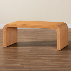 Baxton Studio bali Bali Guevara Bohemian Fluted Rattan Coffee Table - Handcrafted Mahogany, Coastal Charm, Fully Assembled Waterfall-Light Honey-Rattan-CT