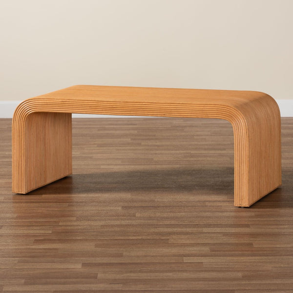 Baxton Studio bali Bali Guevara Bohemian Fluted Rattan Coffee Table - Handcrafted Mahogany, Coastal Charm, Fully Assembled Waterfall-Light Honey-Rattan-CT