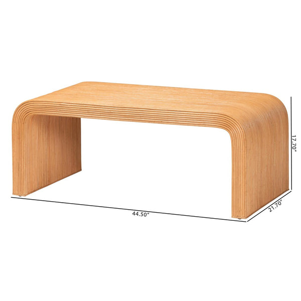 Baxton Studio bali Bali Guevara Bohemian Fluted Rattan Coffee Table - Handcrafted Mahogany, Coastal Charm, Fully Assembled Waterfall-Light Honey-Rattan-CT