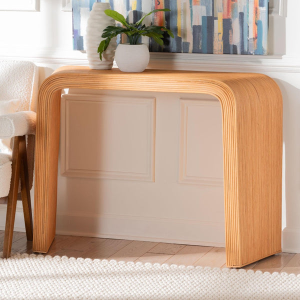 Baxton Studio bali Eilis Bohemian Honey Rattan Waterfall Console Table – Handcrafted Elegance for Any Space Waterfall Model 2-Light Honey-Rattan-Console Table