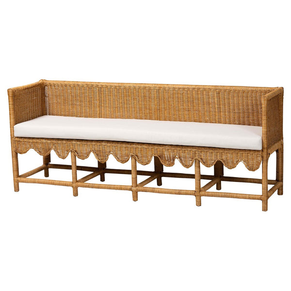 Baxton Studio bali Bali Seranay Bohemian Rattan Dining Bench with Scallop Design & Plush Cushion for Cozy Spaces Palm Short-Natural Rattan-Long-L Shape Seating