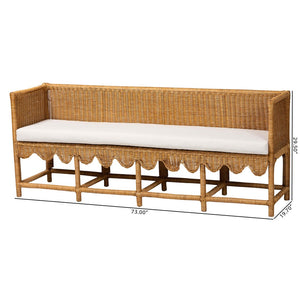 Baxton Studio bali Bali Seranay Bohemian Rattan Dining Bench with Scallop Design & Plush Cushion for Cozy Spaces Palm Short-Natural Rattan-Long-L Shape Seating