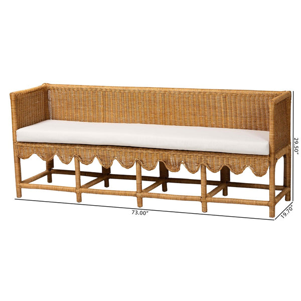 Baxton Studio bali Bali Seranay Bohemian Rattan Dining Bench with Scallop Design & Plush Cushion for Cozy Spaces Palm Short-Natural Rattan-Long-L Shape Seating