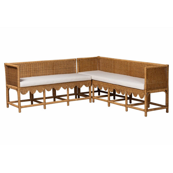 Baxton Studio bali Serenay Bohemian Rattan 2-Piece Dining Nook Set with Scallop Design & Plush Cushions, Natural Charm Palm Short-Natural Rattan-L Shape Seating