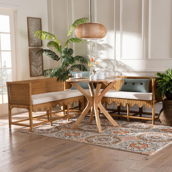 Baxton Studio bali Serenay Bohemian Rattan 2-Piece Dining Nook Set with Scallop Design & Plush Cushions, Natural Charm Palm Short-Natural Rattan-L Shape Seating