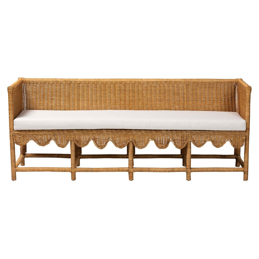 Baxton Studio bali Bali Seranay Bohemian Rattan Dining Bench with Scallop Design & Plush Cushion for Cozy Spaces Palm Short-Natural Rattan-Long-L Shape Seating