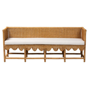 Baxton Studio bali Bali Seranay Bohemian Rattan Dining Bench with Scallop Design & Plush Cushion for Cozy Spaces Palm Short-Natural Rattan-Long-L Shape Seating