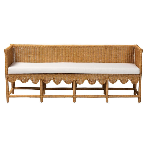 Baxton Studio bali Bali Seranay Bohemian Rattan Dining Bench with Scallop Design & Plush Cushion for Cozy Spaces Palm Short-Natural Rattan-Long-L Shape Seating