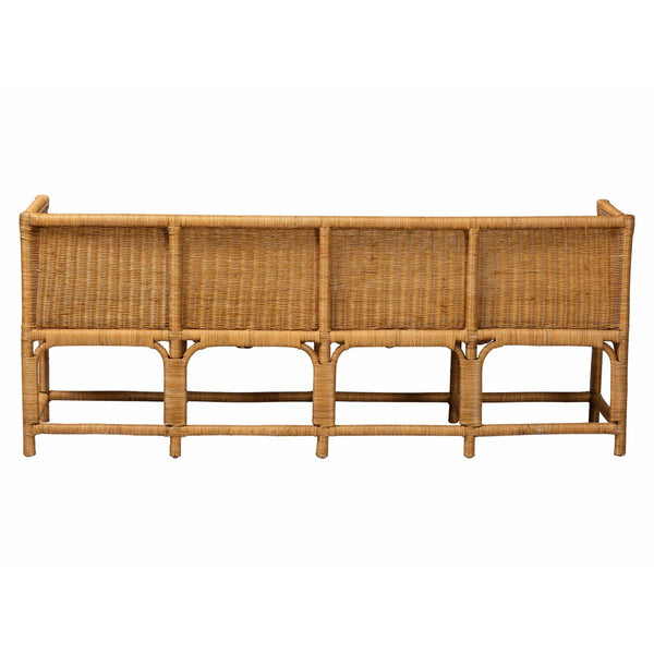 Baxton Studio bali Bali Seranay Bohemian Rattan Dining Bench with Scallop Design & Plush Cushion for Cozy Spaces Palm Short-Natural Rattan-Long-L Shape Seating
