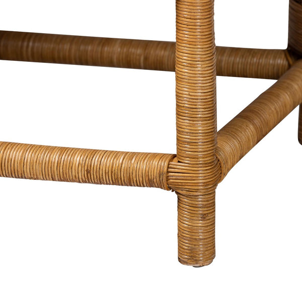 Baxton Studio bali Bali Seranay Bohemian Rattan Dining Bench with Scallop Design & Plush Cushion for Cozy Spaces Palm Short-Natural Rattan-Long-L Shape Seating