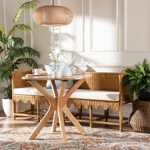 Baxton Studio bali Bali Seranay Bohemian Rattan Dining Bench with Scallop Design & Plush Cushion for Cozy Spaces Palm Short-Natural Rattan-Long-L Shape Seating