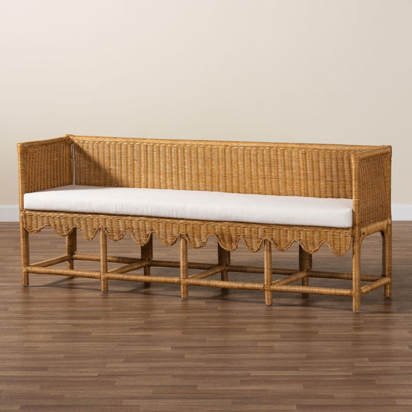 Baxton Studio bali Bali Seranay Bohemian Rattan Dining Bench with Scallop Design & Plush Cushion for Cozy Spaces Palm Short-Natural Rattan-Long-L Shape Seating