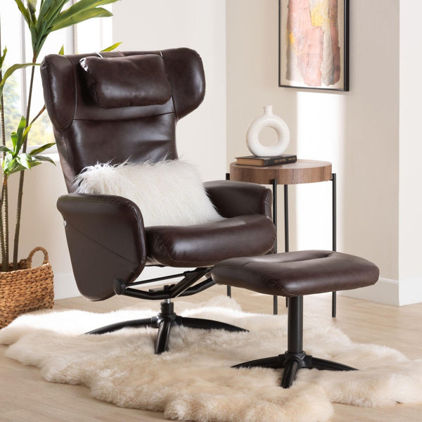 Baxton Studio Baxton Studio Elwood Modern Faux Leather Lounge Chair and Footrest Set for Stylish Comfort Brown BT-70837-05-Brown-Lounge Chair