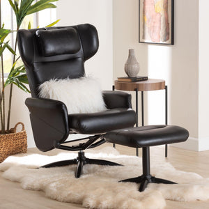 Baxton Studio Baxton Studio Elwood Modern Faux Leather Lounge Chair and Footrest Set for Stylish Comfort Black BT-70837-06-Black-Lounge Chair