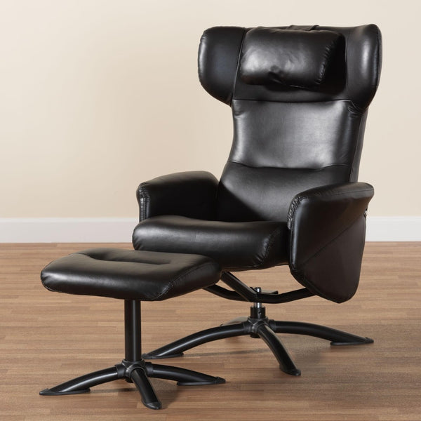 Baxton Studio Baxton Studio Elwood Modern Faux Leather Lounge Chair and Footrest Set for Stylish Comfort Black BT-70837-06-Black-Lounge Chair