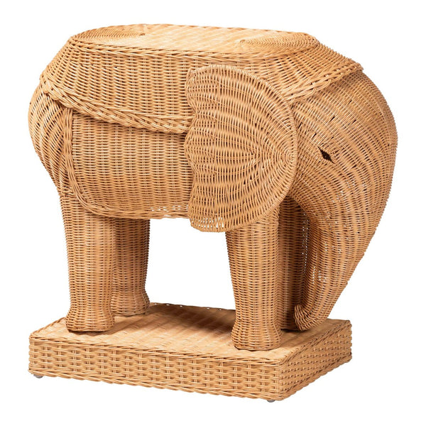 Baxton Studio bali Elissa Bohemian Elephant End Table – Handcrafted Rattan Accent Table for Stylish Interiors Elephant-Light Honey Rattan-ET
