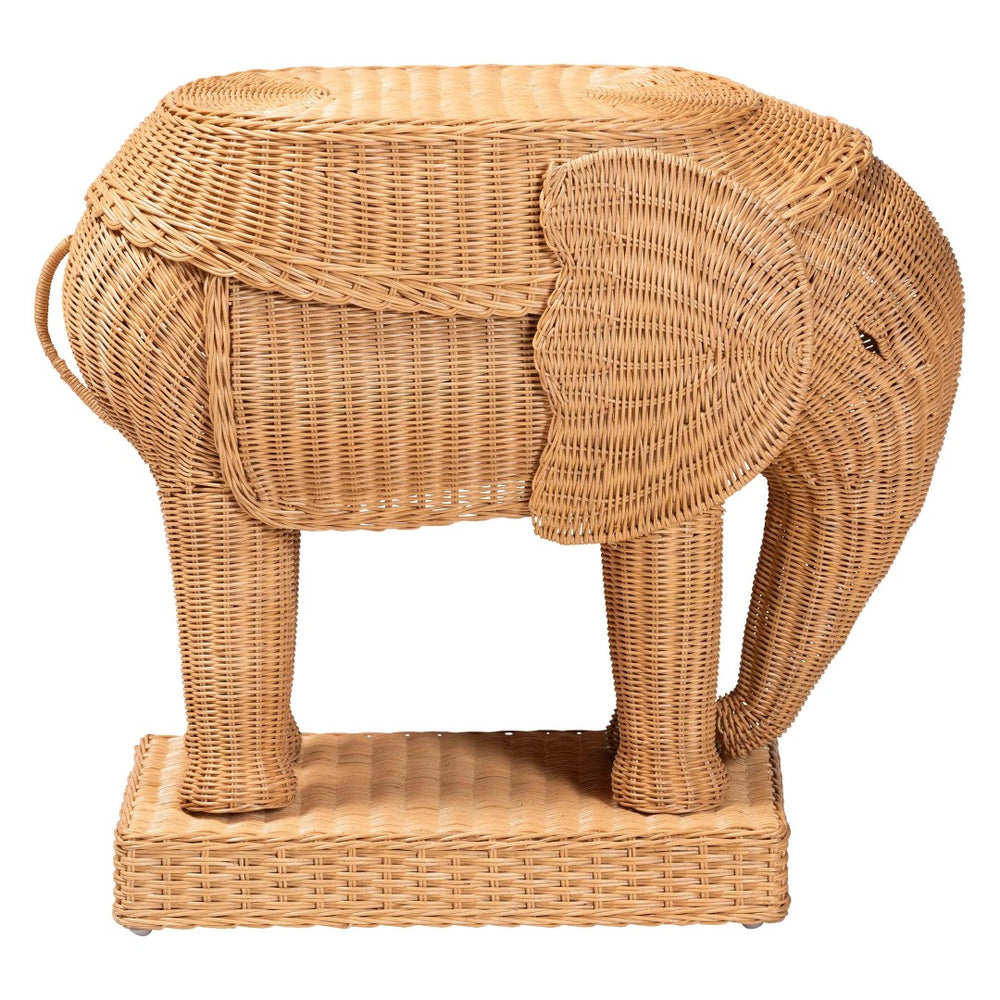 Baxton Studio bali Elissa Bohemian Elephant End Table – Handcrafted Rattan Accent Table for Stylish Interiors Elephant-Light Honey Rattan-ET