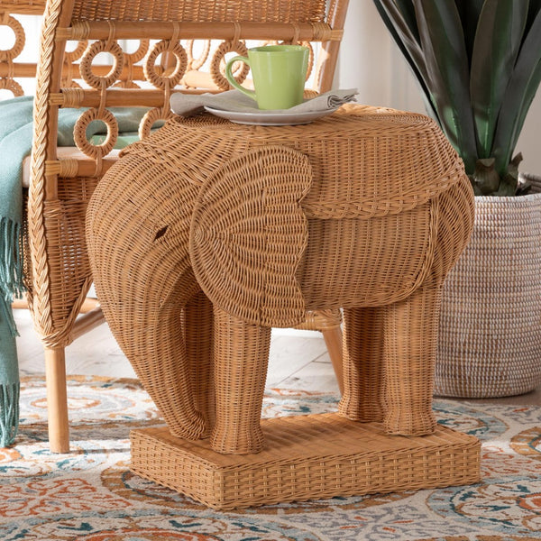 Baxton Studio bali Elissa Bohemian Elephant End Table – Handcrafted Rattan Accent Table for Stylish Interiors Elephant-Light Honey Rattan-ET