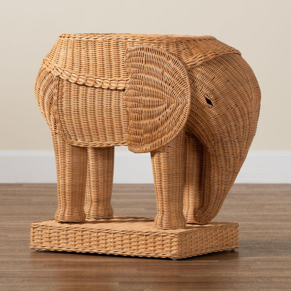 Baxton Studio bali Elissa Bohemian Elephant End Table – Handcrafted Rattan Accent Table for Stylish Interiors Elephant-Light Honey Rattan-ET