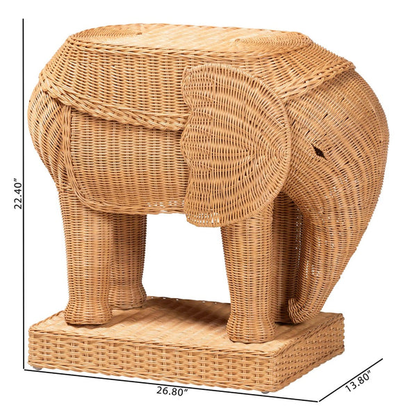 Baxton Studio bali Elissa Bohemian Elephant End Table – Handcrafted Rattan Accent Table for Stylish Interiors Elephant-Light Honey Rattan-ET