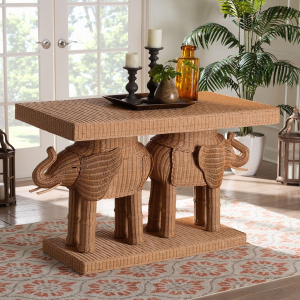 Baxton Studio bali Elissa Bohemian Honey Rattan Elephant Console Table - Handcrafted Rustic Design for Your Home Elephant-Light Honey Rattan-Console Table