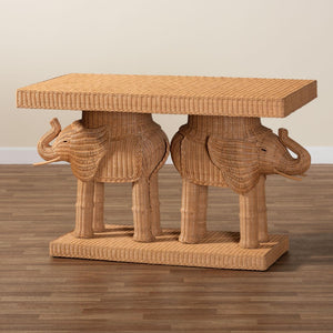 Baxton Studio bali Elissa Bohemian Honey Rattan Elephant Console Table - Handcrafted Rustic Design for Your Home Elephant-Light Honey Rattan-Console Table