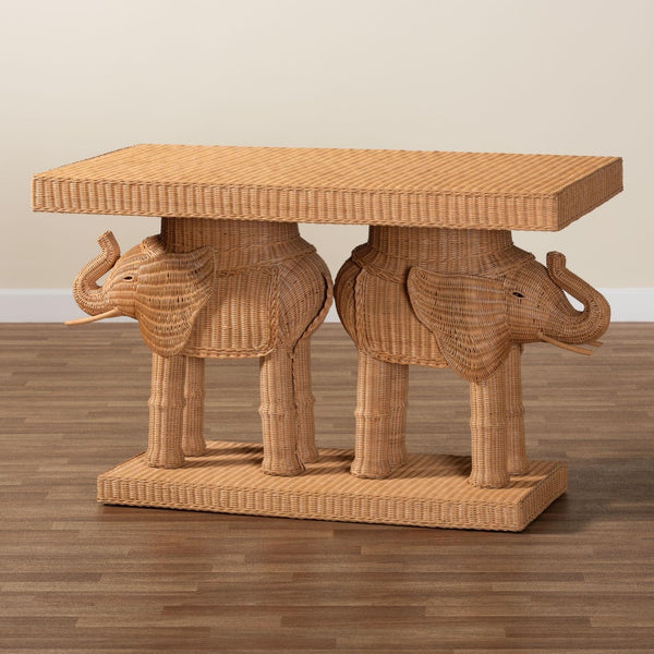 Baxton Studio bali Elissa Bohemian Honey Rattan Elephant Console Table - Handcrafted Rustic Design for Your Home Elephant-Light Honey Rattan-Console Table
