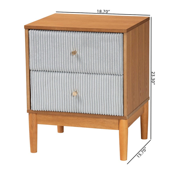 Baxton Studio Baxton Studio Elegant Mid-Century Grey Corduroy Nightstand with Oak Brown Wood Legs for Storage MG9012-Grey-HC1315-16/NT-Oak-2DW-NS