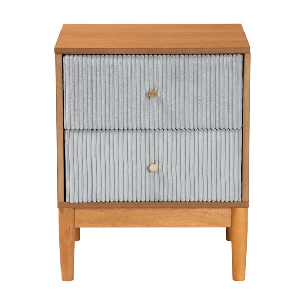 Baxton Studio Baxton Studio Elegant Mid-Century Grey Corduroy Nightstand with Oak Brown Wood Legs for Storage MG9012-Grey-HC1315-16/NT-Oak-2DW-NS