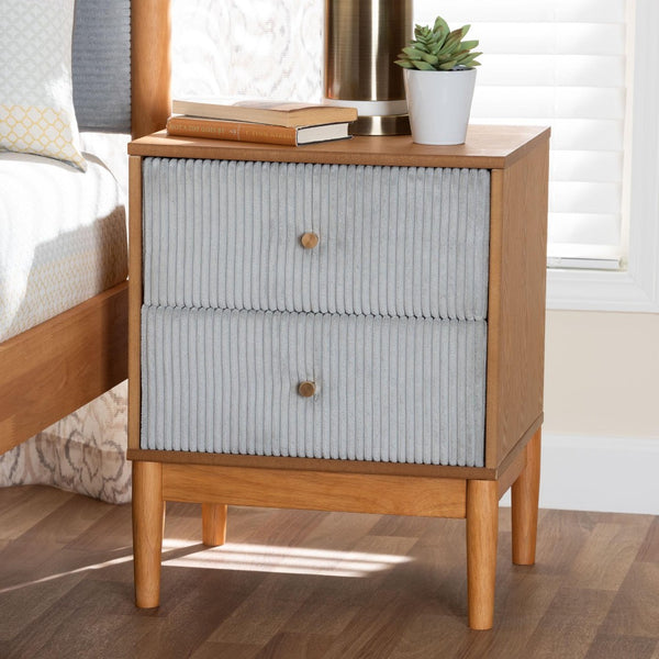 Baxton Studio Baxton Studio Elegant Mid-Century Grey Corduroy Nightstand with Oak Brown Wood Legs for Storage MG9012-Grey-HC1315-16/NT-Oak-2DW-NS