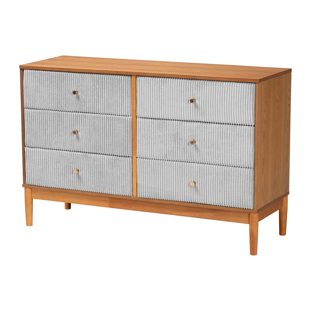 Baxton Studio Baxton Studio Taylin Mid-Century Grey Corduroy Dresser with Oak Brown Legs - Stylish Storage Solution MG9012-Grey-HC1315-16/NT-Oak-6DW-Dresser
