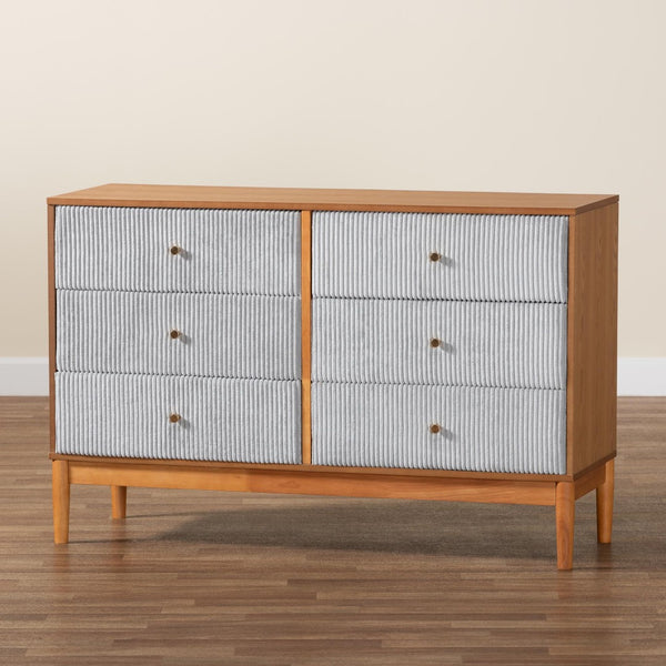 Baxton Studio Baxton Studio Taylin Mid-Century Grey Corduroy Dresser with Oak Brown Legs - Stylish Storage Solution MG9012-Grey-HC1315-16/NT-Oak-6DW-Dresser