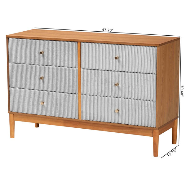 Baxton Studio Baxton Studio Taylin Mid-Century Grey Corduroy Dresser with Oak Brown Legs - Stylish Storage Solution MG9012-Grey-HC1315-16/NT-Oak-6DW-Dresser