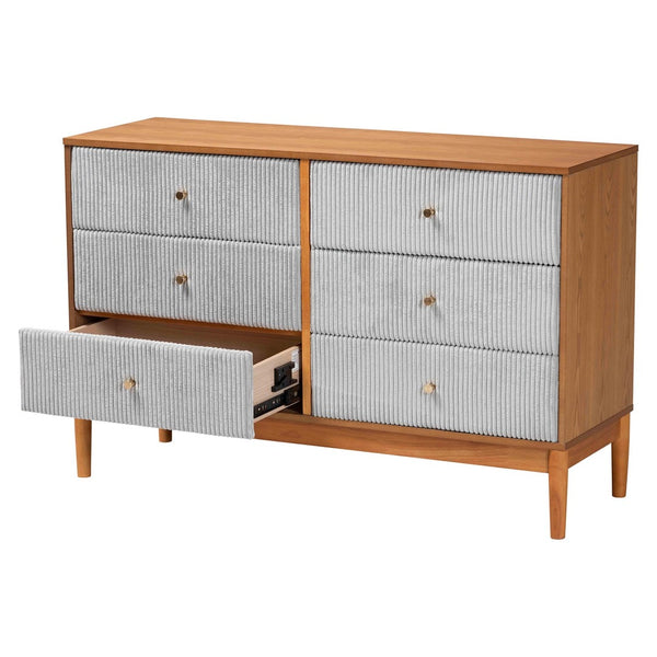 Baxton Studio Baxton Studio Taylin Mid-Century Grey Corduroy Dresser with Oak Brown Legs - Stylish Storage Solution MG9012-Grey-HC1315-16/NT-Oak-6DW-Dresser