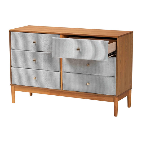 Baxton Studio Baxton Studio Taylin Mid-Century Grey Corduroy Dresser with Oak Brown Legs - Stylish Storage Solution MG9012-Grey-HC1315-16/NT-Oak-6DW-Dresser
