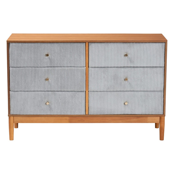 Baxton Studio Baxton Studio Taylin Mid-Century Grey Corduroy Dresser with Oak Brown Legs - Stylish Storage Solution MG9012-Grey-HC1315-16/NT-Oak-6DW-Dresser