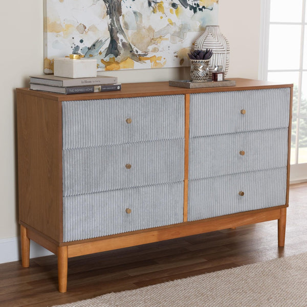 Baxton Studio Baxton Studio Taylin Mid-Century Grey Corduroy Dresser with Oak Brown Legs - Stylish Storage Solution MG9012-Grey-HC1315-16/NT-Oak-6DW-Dresser