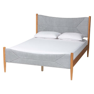 Baxton Studio Baxton Studio Taylin Mid-Century Grey Corduroy Queen Bed with Oak Wood Accents - Stylish Comfort! MG0243-Grey-HC1315-16/NT-Oak-Queen