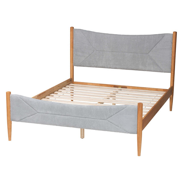 Baxton Studio Baxton Studio Taylin Mid-Century Grey Corduroy Queen Bed with Oak Wood Accents - Stylish Comfort! MG0243-Grey-HC1315-16/NT-Oak-Queen