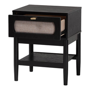 Baxton Studio Baxton Studio Shirin Mid-Century Nightstand: Beige Fabric & Black Wood Design for Small Spaces MG9013-Sand Stone-FG2203-2/Black-1DW-NS