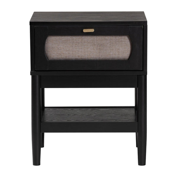 Baxton Studio Baxton Studio Shirin Mid-Century Nightstand: Beige Fabric & Black Wood Design for Small Spaces MG9013-Sand Stone-FG2203-2/Black-1DW-NS