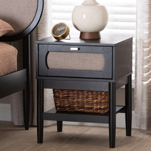 Baxton Studio Baxton Studio Shirin Mid-Century Nightstand: Beige Fabric & Black Wood Design for Small Spaces MG9013-Sand Stone-FG2203-2/Black-1DW-NS