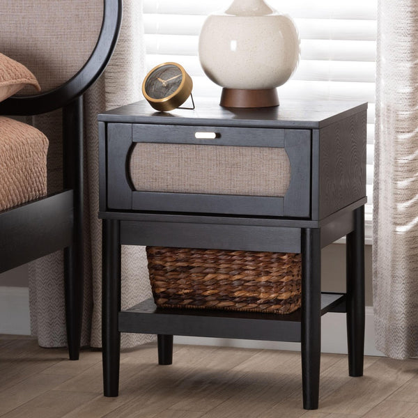 Baxton Studio Baxton Studio Shirin Mid-Century Nightstand: Beige Fabric & Black Wood Design for Small Spaces MG9013-Sand Stone-FG2203-2/Black-1DW-NS