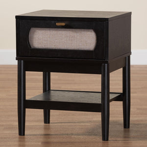 Baxton Studio Baxton Studio Shirin Mid-Century Nightstand: Beige Fabric & Black Wood Design for Small Spaces MG9013-Sand Stone-FG2203-2/Black-1DW-NS