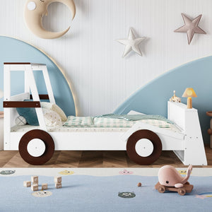 English Elm Twin Pine Treehouse Floor Bed with Padded Rails and Cabin Roofline for Kids Brown,Light White W1580S00471