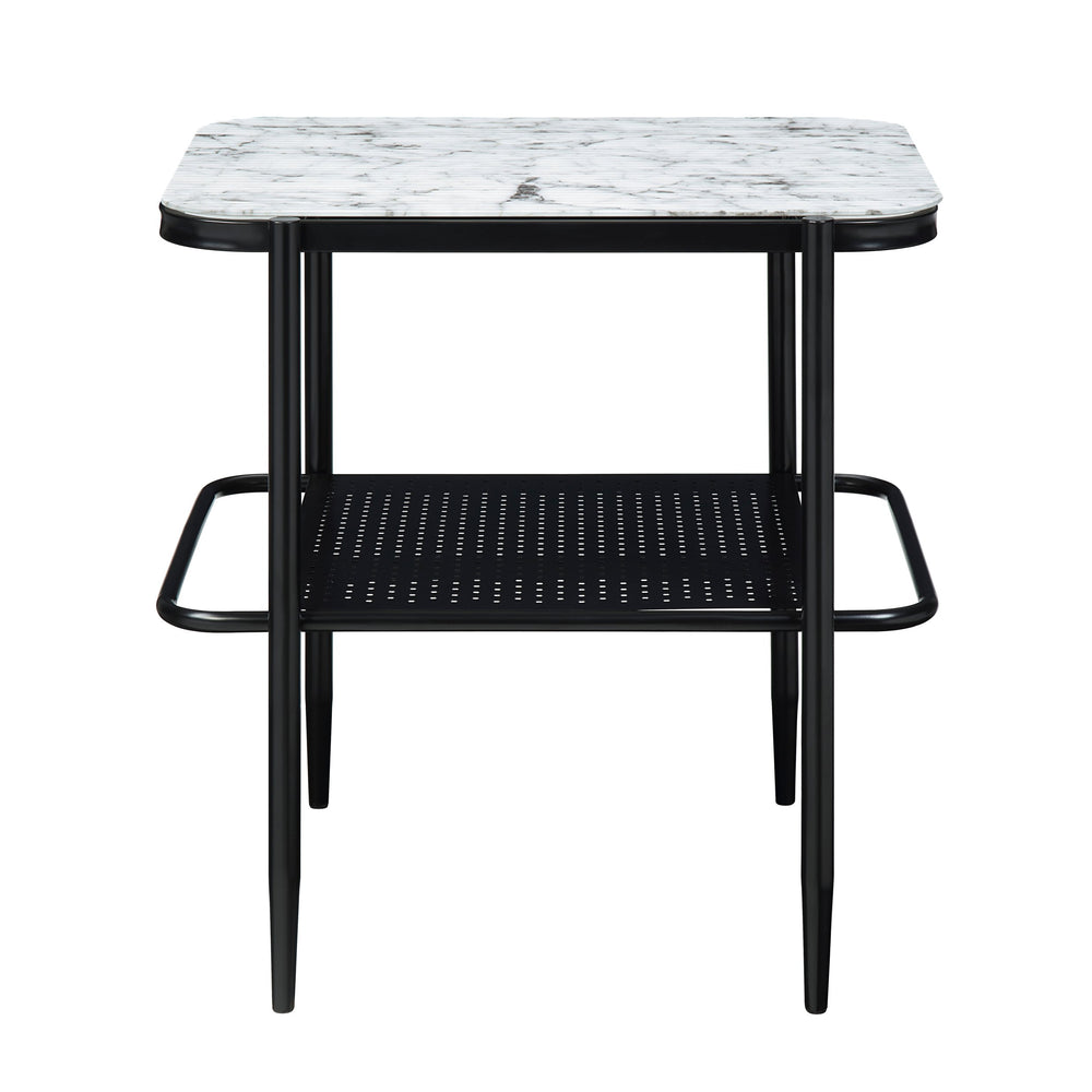 English Elm 3pc Martine Occasional Table Set with Marble Print Tempered Fluted Glass Tops & Black Metal Base, Modern Storage B011P298386