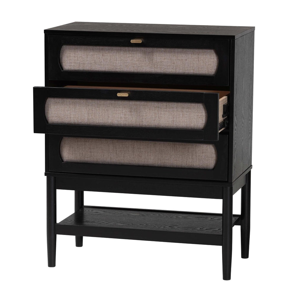 Baxton Studio Baxton Studio Shirin Mid-Century 3-Drawer Chest in Beige Fabric & Black Wood for Stylish Storage MG9013-Sand Stone-FG2203-2/Black-3DW-Chest
